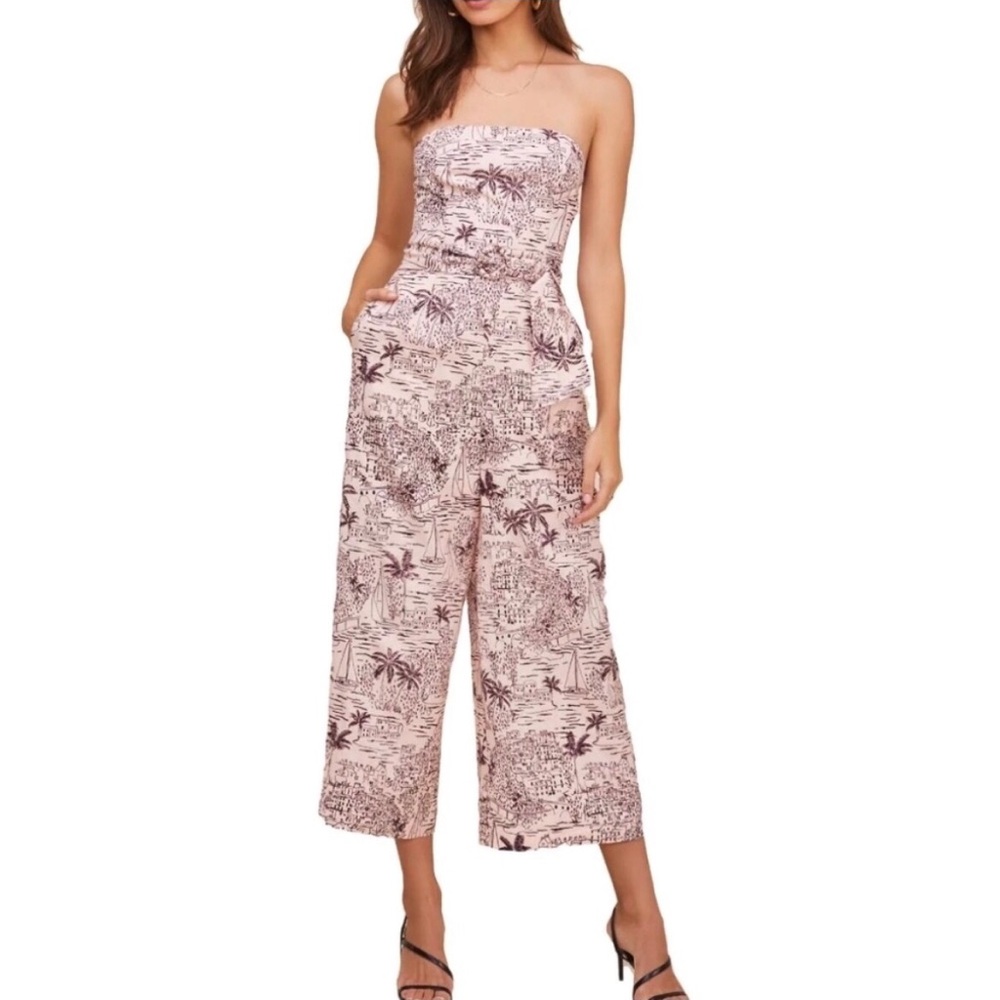 Astr The Label Linen Kona Print Strapless Wide Leg Belted Jumpsuit S